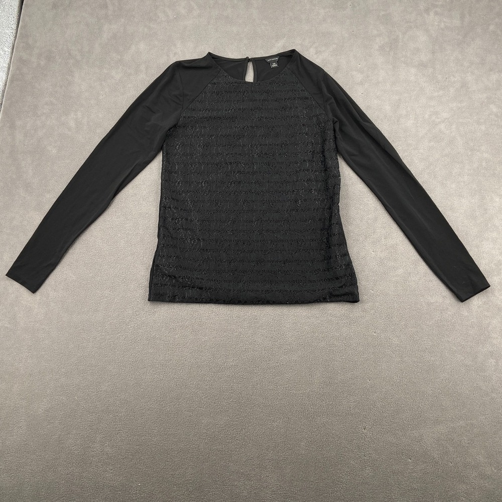 Ann Taylor Blouse Top Women XS Black Lace Overlay Front Long Sleeve Keyhole Back